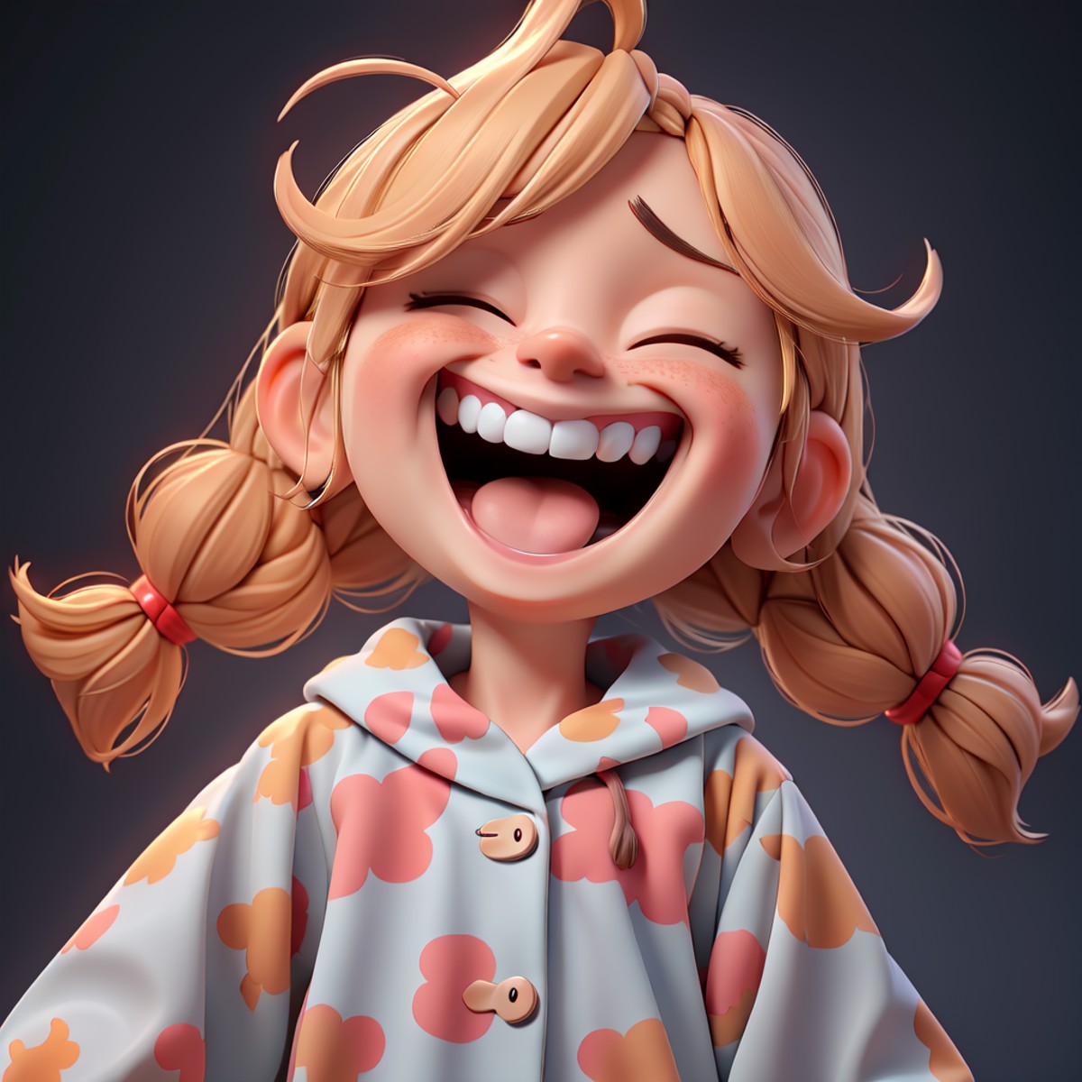 masterpiece, best quality,a blonde little girl wearing pajamas laughing with her mouth open , toothy expression